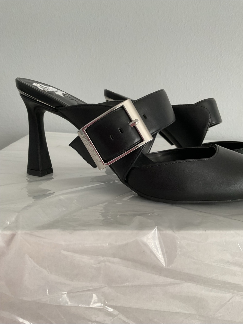 DKNY Nalani black heeled mules with silver buckle New